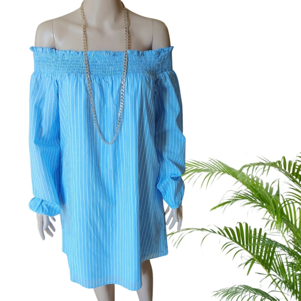 EXPRESS Off The Shoulder Long sleeves Blue Striped Dress Size L